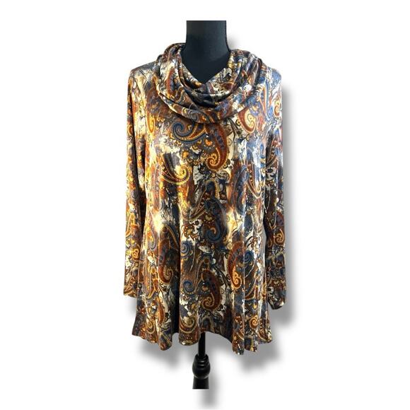 INTRO Brown Blue Gold Rust Paisley Cowl Neck Tunic  Hi Lo Long Sleeve Top NWT M - Picture 1 of 14